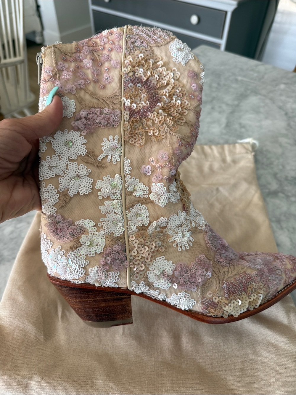 Momo New York Beige & Pink Sequin Embroidered artisan made Women's Boots - Picture 2 of 8